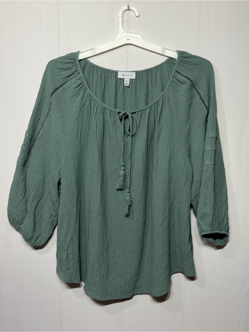 AB Studio Plus Size Textured Peasant Tie-Front Blouse